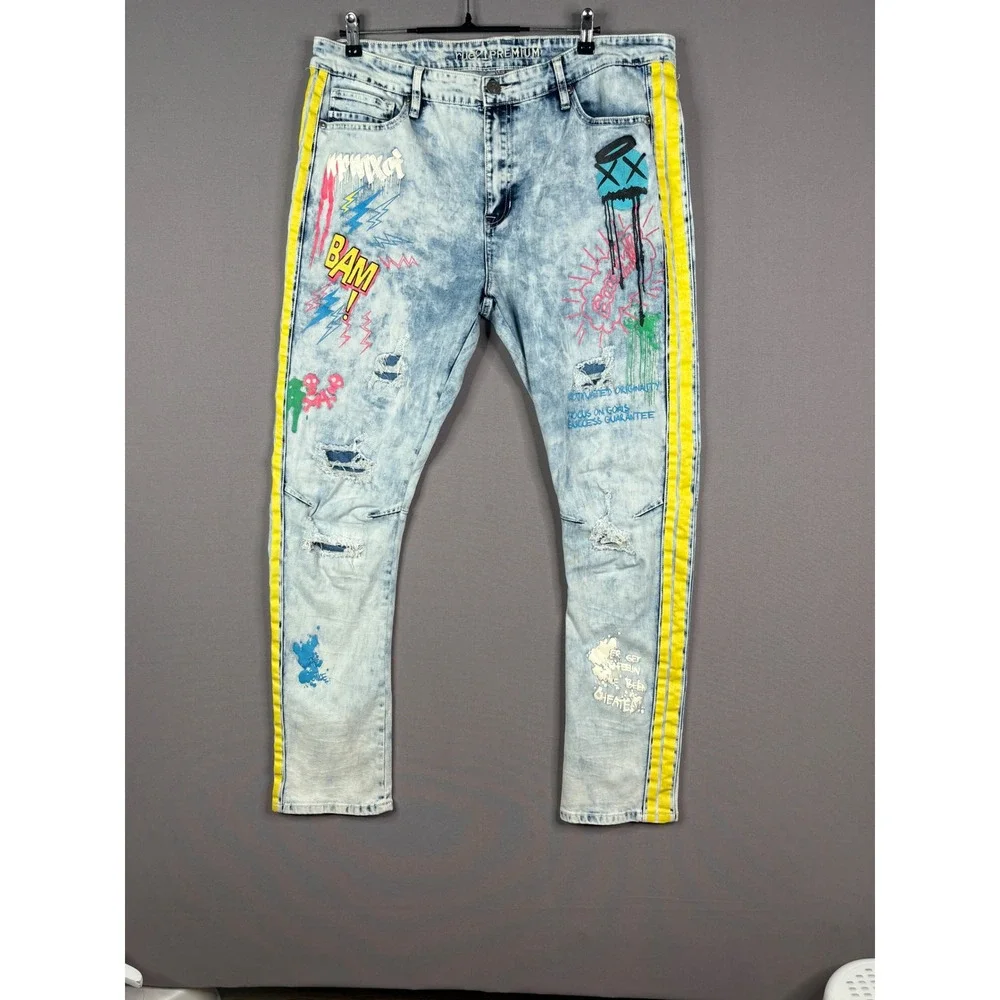 RUE21 PREMIUM Skinny Jeans Mens 40x32 Blue Acid Wash Graffiti Distressed Yellow